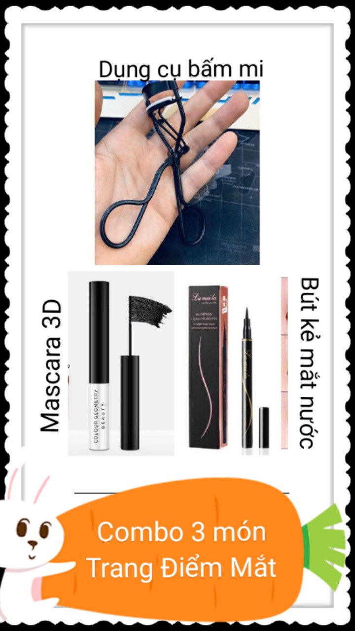 {Combo 3 món trang điểm mắt + Tặng son dưỡng},Combo 3 món trang điểm mắt Lameila gồm: Mascara siêu vi 3D, bút kẻ mắt nước, dụng cụ bấm mi, hàng nội địa Trung chính hãng