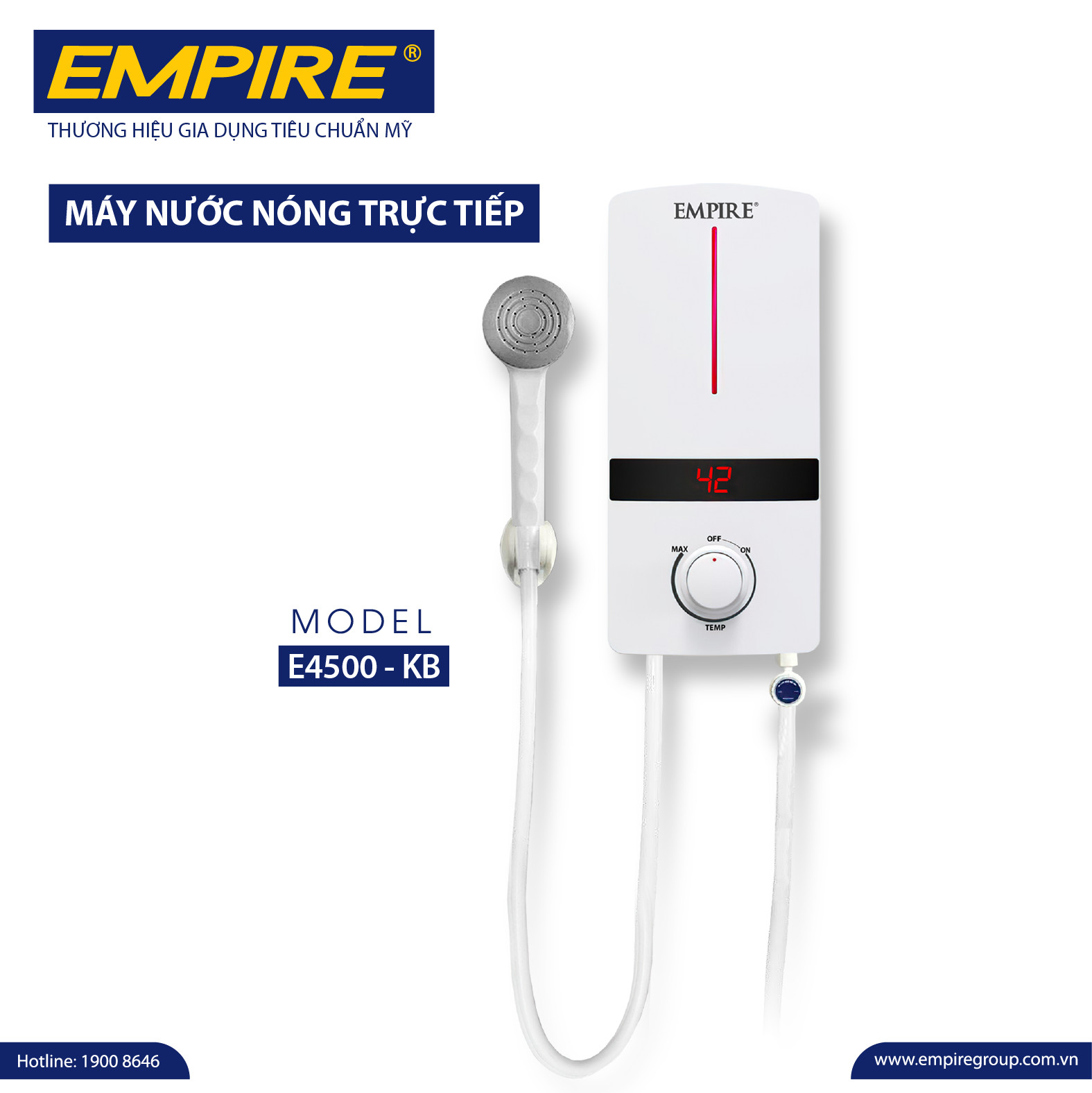 Máy tắm nước nóng hiển thị nhiệt độ empire e4500-kb