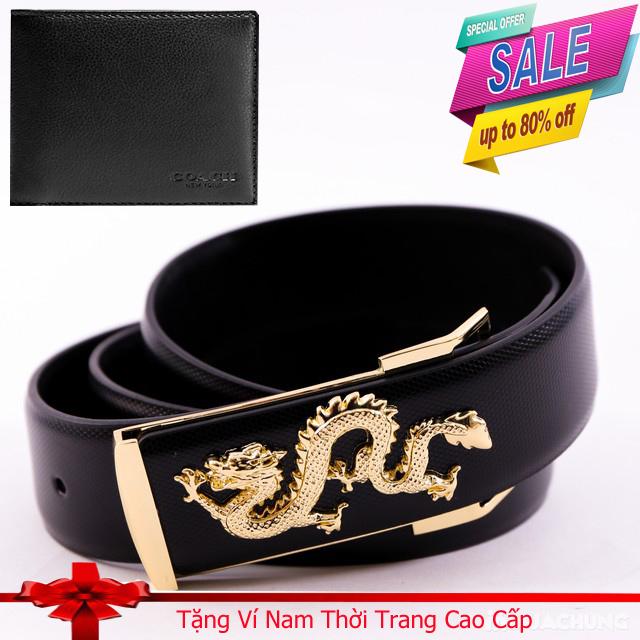 Dây Thắt Lưng Da Thời Trang Nam Mặt Rồng Vàng Dây Đen-Tặng Ví Nam thời Trang  (Dây đen mặt rồng vàng)