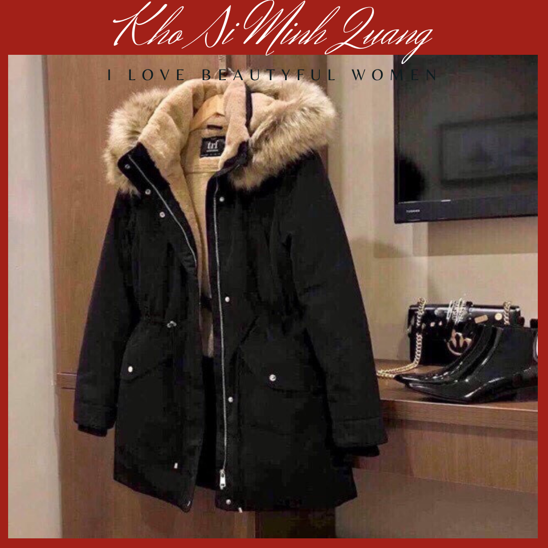 Áo Khoác Kaki Lót Lông Cừu Dây Rút Eo Mũ Lông Hàng Đẹp Áo Parka Áo Phao 