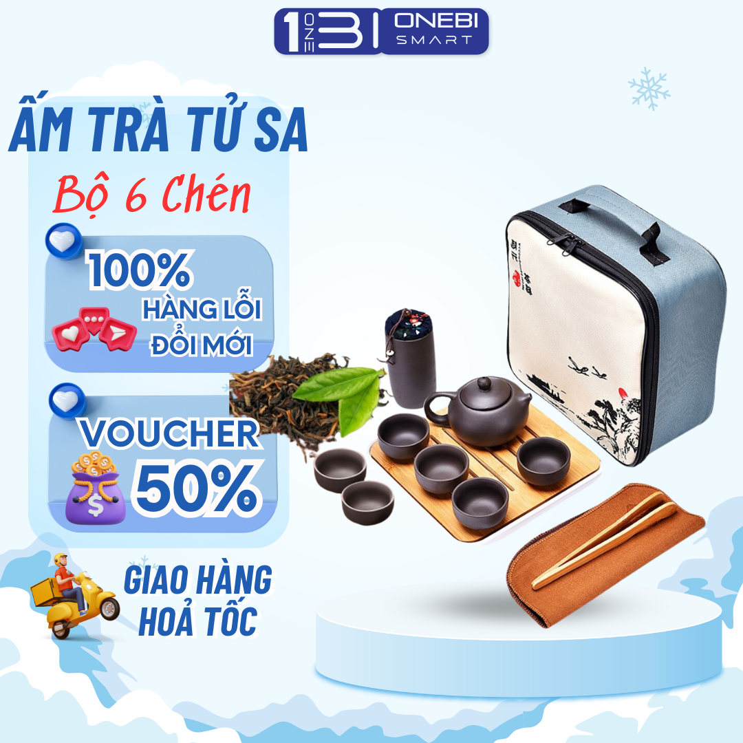 Bộ ấm chén uống trà tử sa 6 chén, 12 món, bộ ấm chén trà đạo sứ tráng bóng tặng kèm túi đựng xách tay