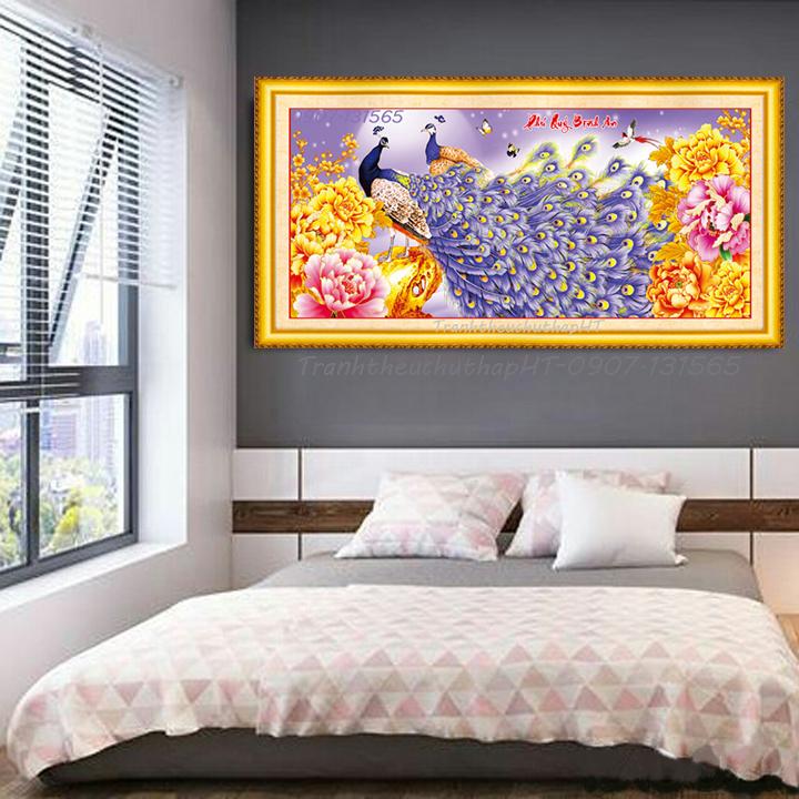 Tranh đính đá con công Phú quý bình an kích thước 115*52cm - tự đính