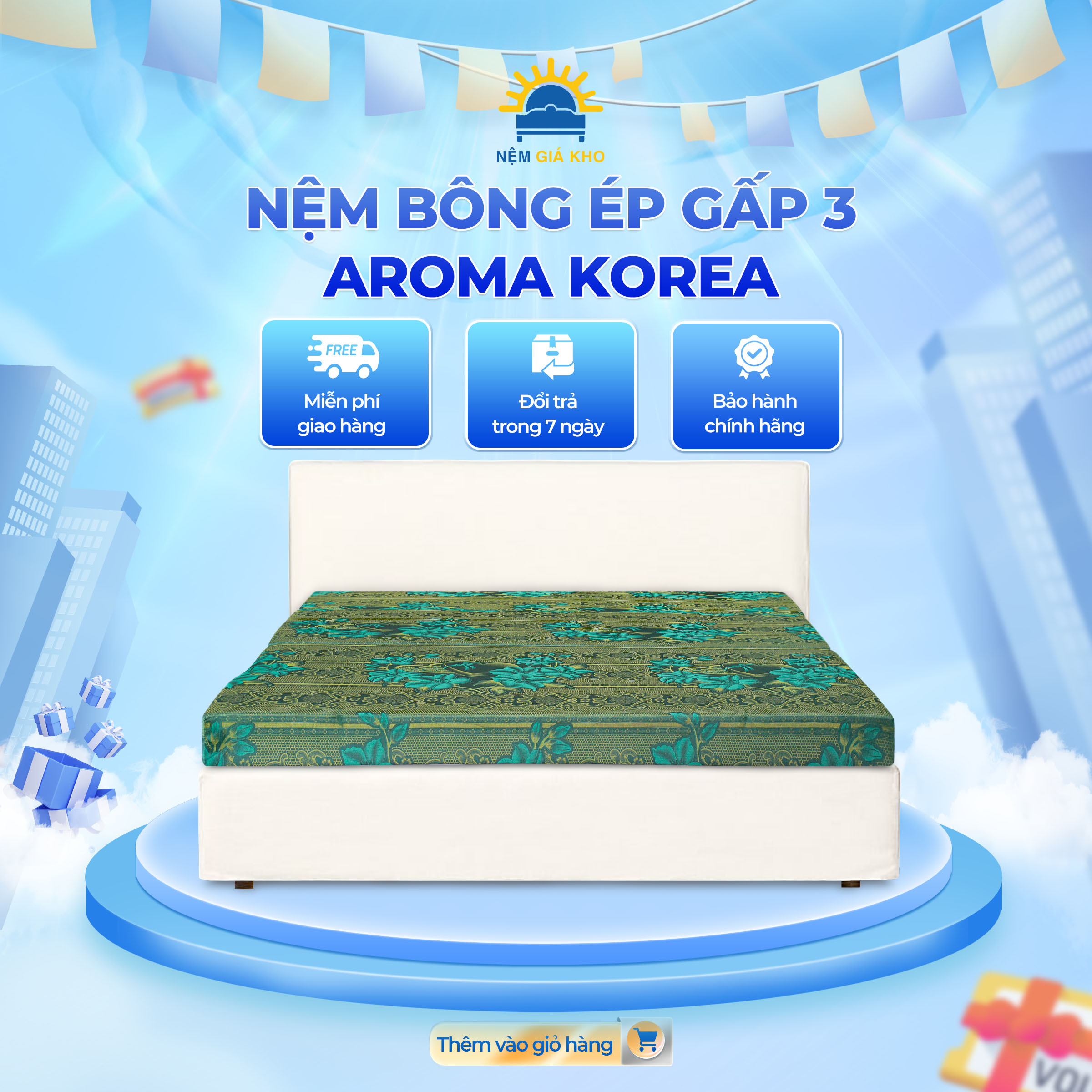 Nệm bông ép gấp 3 Aroma Korea, Bảo Hành 5 năm - Giao màu ngẫu nhiên