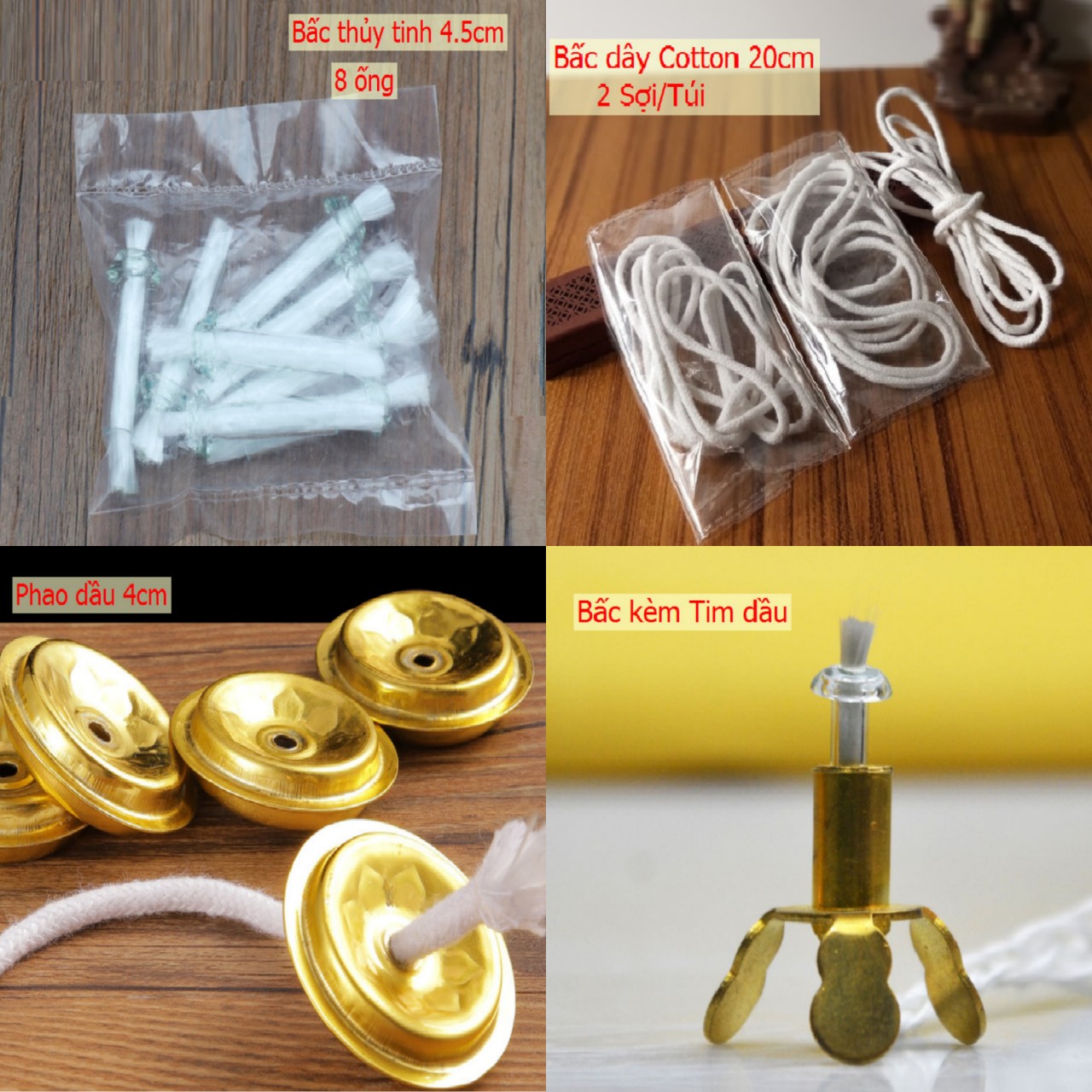 Phao dầu, bấc dây, bấc thủy tinh thờ gia tiên, phật, thần,......