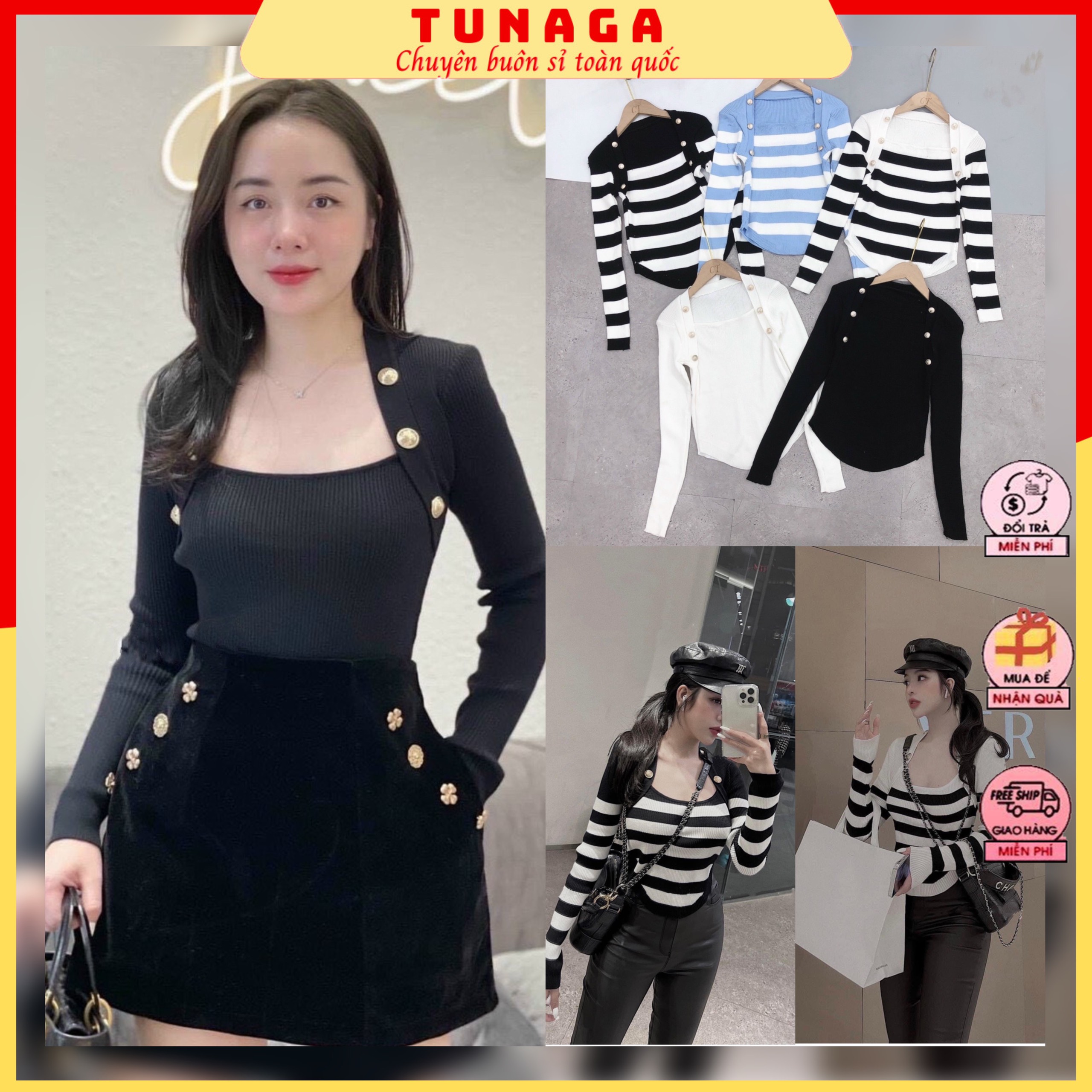 [ÁO BODY] Áo Len Nữ Cổ Vuông Mix Cúc Chất Len Gân Dày Dặn, Áo Dệt Kim Tay Dài Dày Dặn Cao Cấp