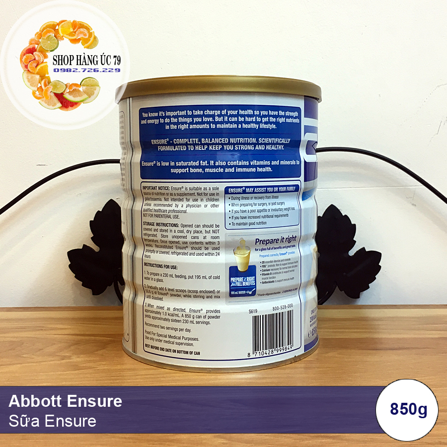 ABBOTT ENSURE VANILLA (NEW TASTE) 850g NET - Sữa bột Ensure hương vị Vani của Úc (mẫu mới) 850g