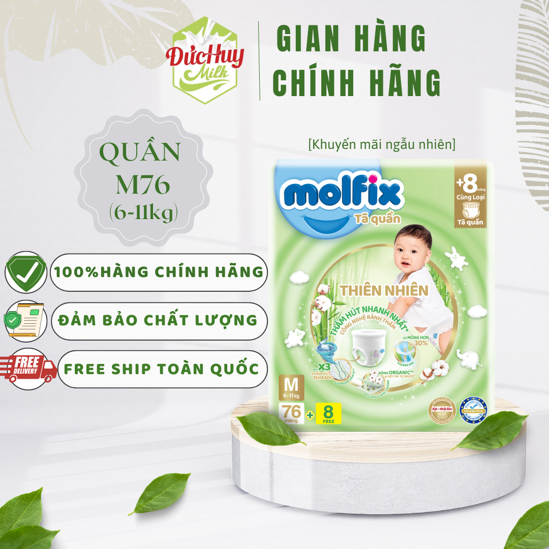 Tã/bỉm quần molfix thiên nhiên m76+8 / l68+8 / xl62+8 / xxl56+8 / xxxl24+6