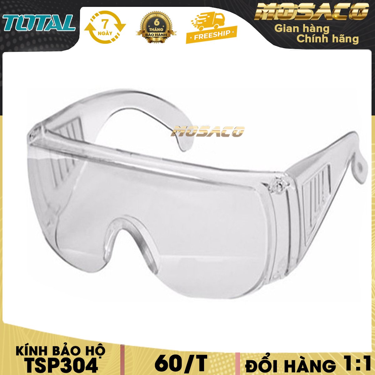 Kính bảo hộ TOTAL TSP304 Độ trong suốt 60/T. Kính bảo hộ lao động Mặt kính ngăn được tia cực tím và chịu được sự va đập mạnh, có thể sử dụng làm kính mát khi đi du lịch -MOSACO