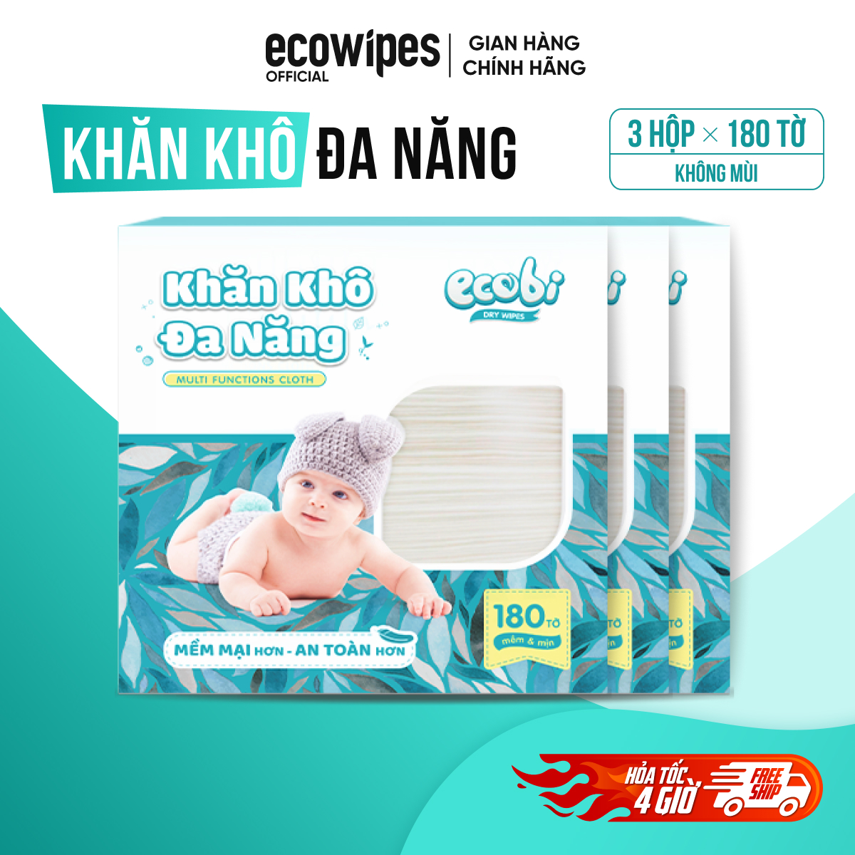 Combo 03 hộp khăn vải khô đa năng cao cấp an toàn cho bé Ecowipes hộp 180 tờ 300g không mùi mềm dai thấm hút tốt
