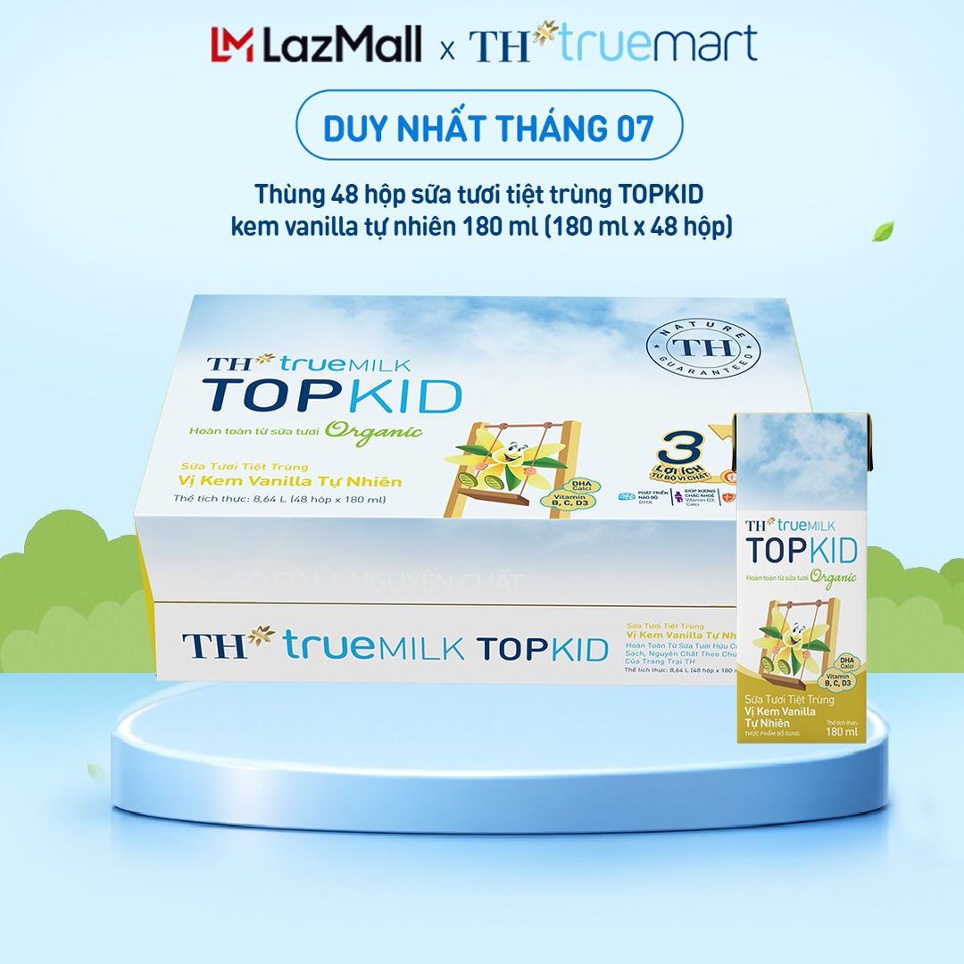 Thùng 48 hộp sữa tươi tiệt trùng TOPKID kem vanilla tự nhiên TH true MILK 180ml
