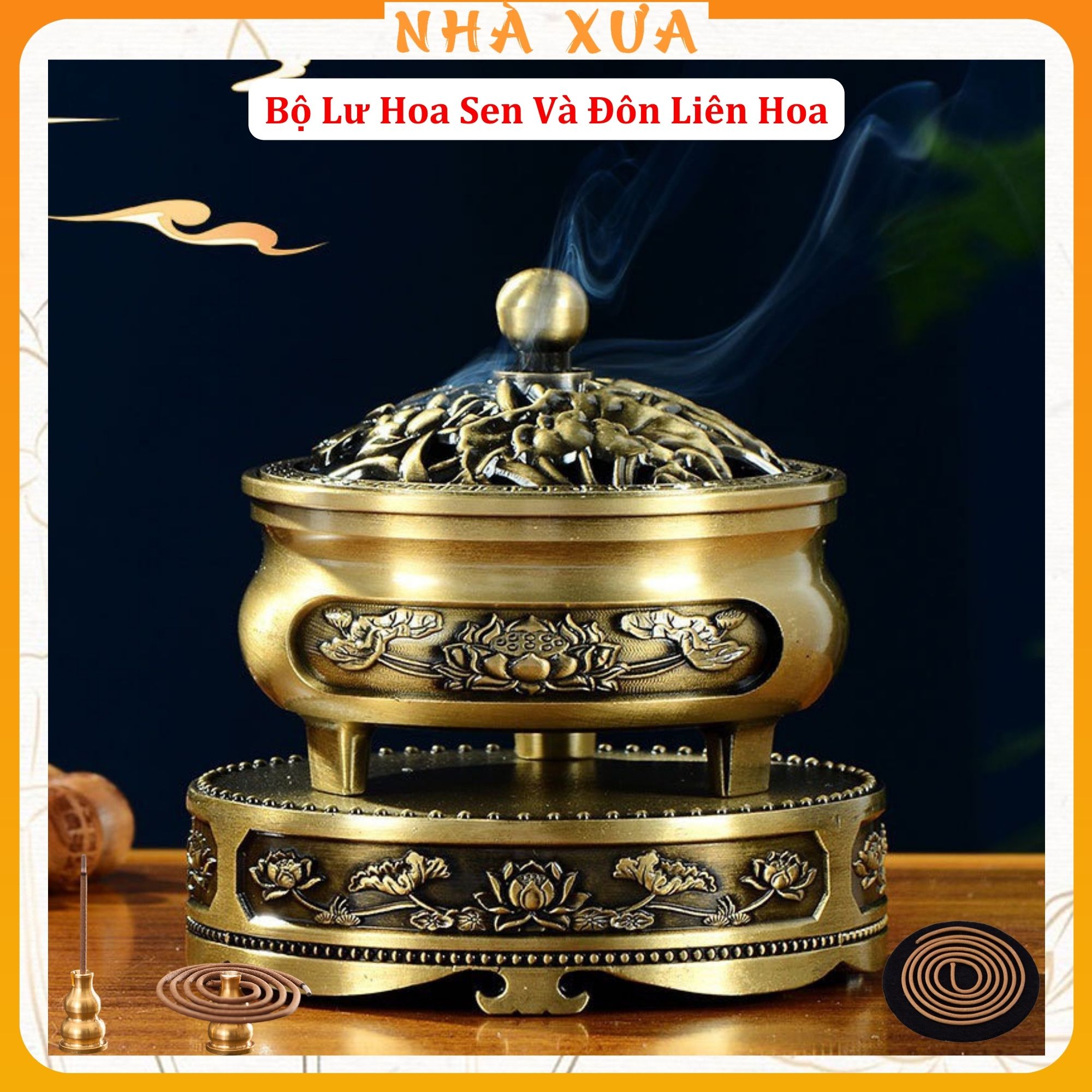 Lư xông trầm hương hoa sen và đế đôn kê lư hương liên hoa - thác khói trầm hương - thờ cúng phong thủy