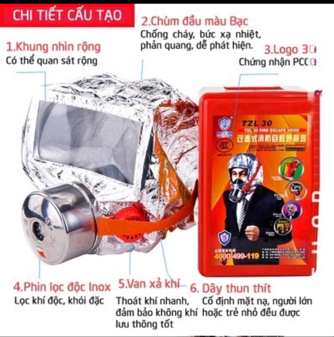 Combo. 02 bộ Mặt nạ thoát hiểm TZL30 - Mặt nạ chống khói khi xảy ra hỏa hoạn