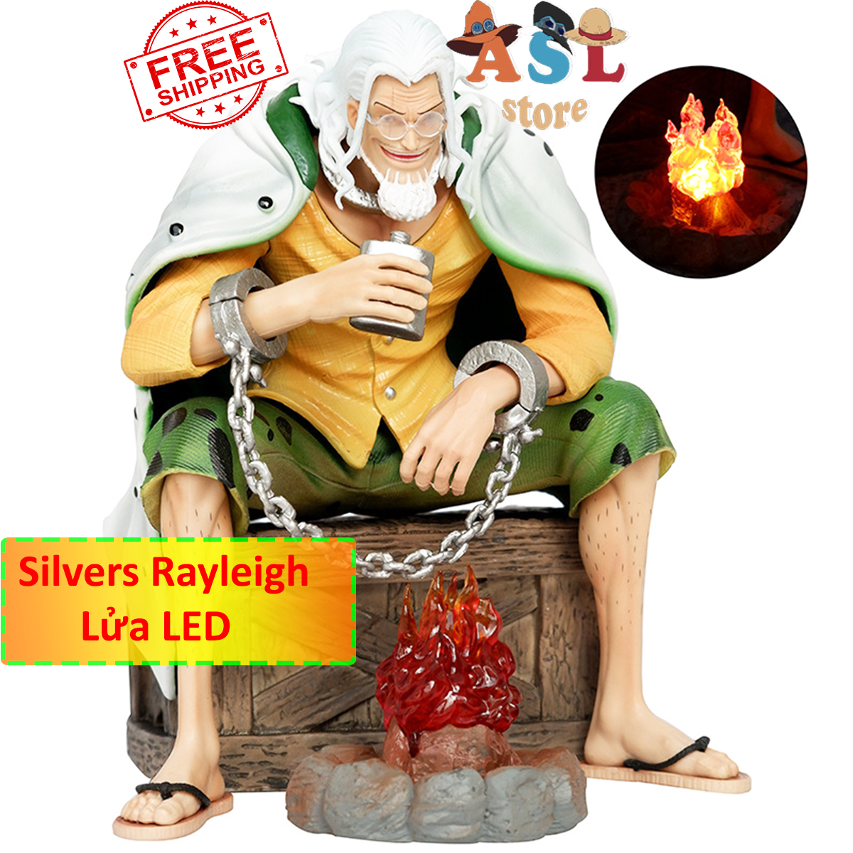 Mô Hình One Piece Silvers Rayleigh vua bóng tối - Cao 15,5cm + xích tay + bếp lửa LED + thùng gỗ  ASL Store