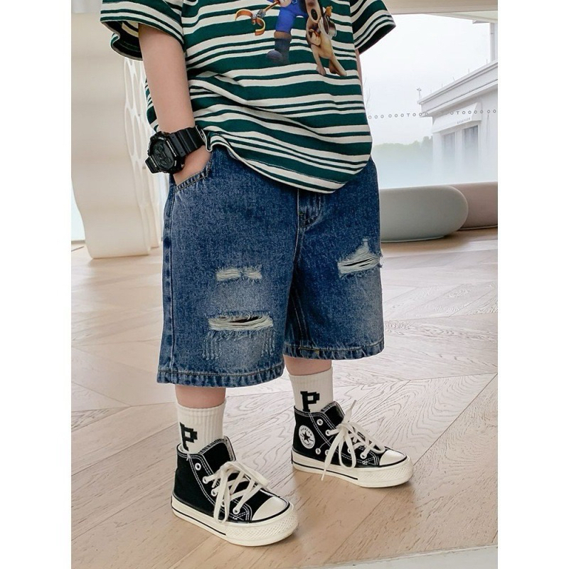 Quần Short Rách Đùi Demin Jean thời trang jeans cho bé Trai from rộng Từ 10kg - 40kg