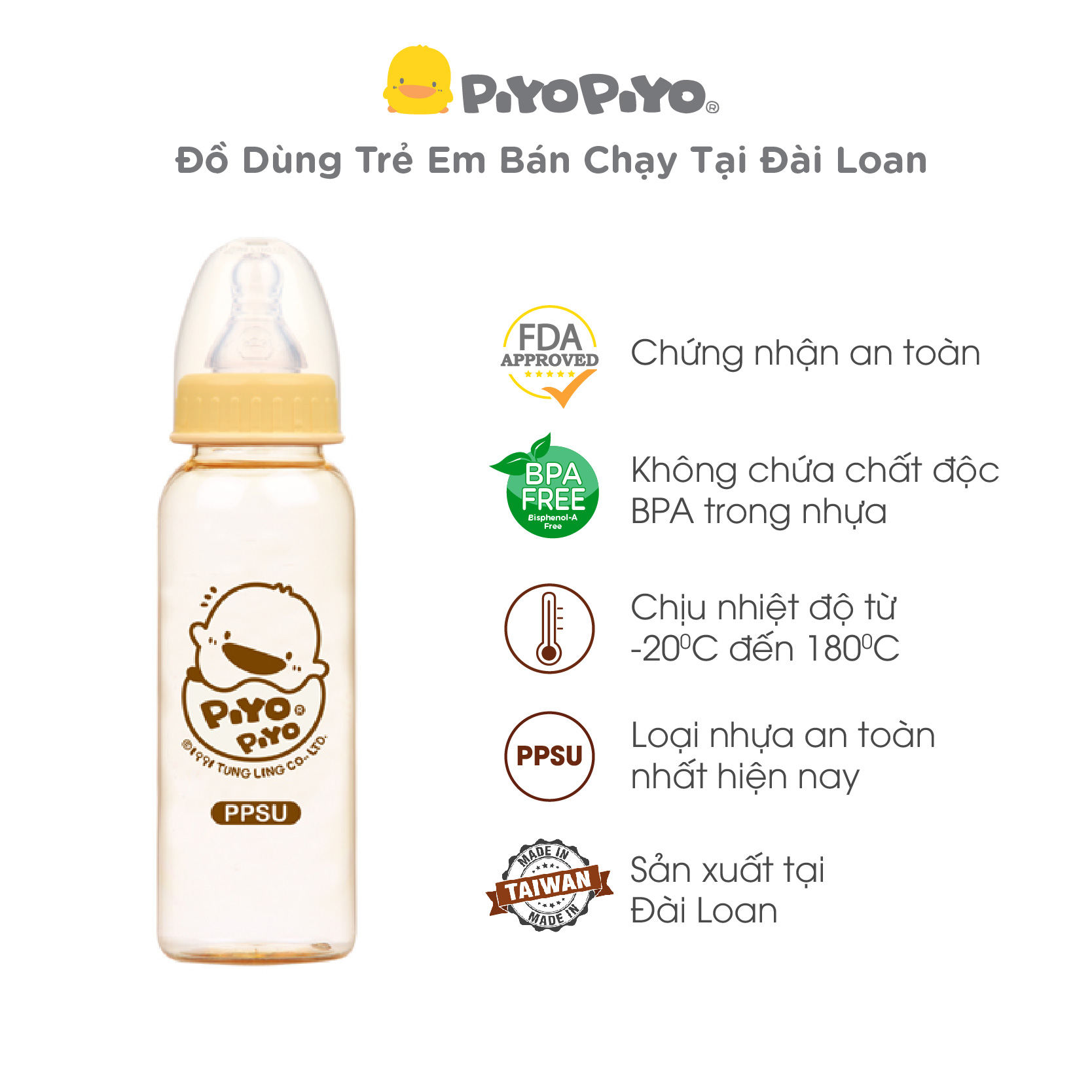 Bình sữa PPSU chống đầy hơi Cổ thường và Cổ rộng Piyo Piyo, nhập khẩu Đài Loan