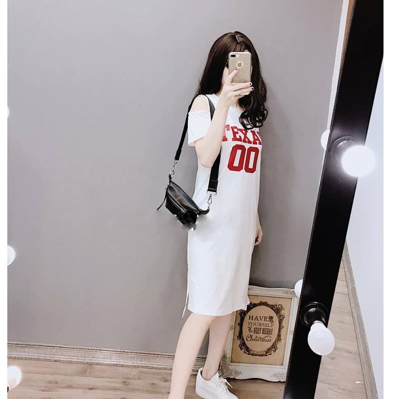 Đầm thun in chữ khoét vai - hàng cao cấp