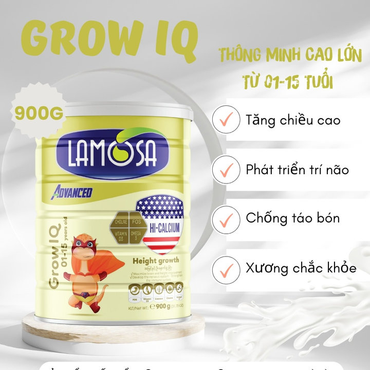 LAMOSA - SỮA BỘT DINH DƯỠNG CHO TRẺ THÔNG MINH CAO LỚN TỪ 1 ĐẾN 15 TUỔI GROW IQ 900GR