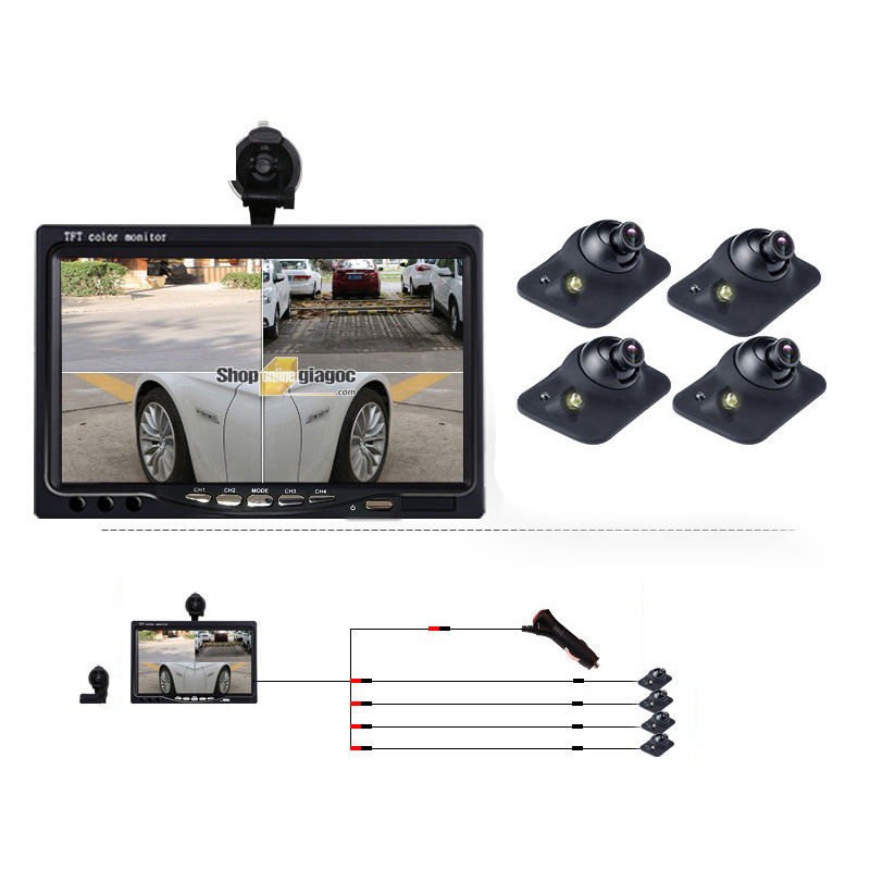 Combo 4 camera quan sát quanh xe+ màn hình 7 inch 1024x600p phím bấm