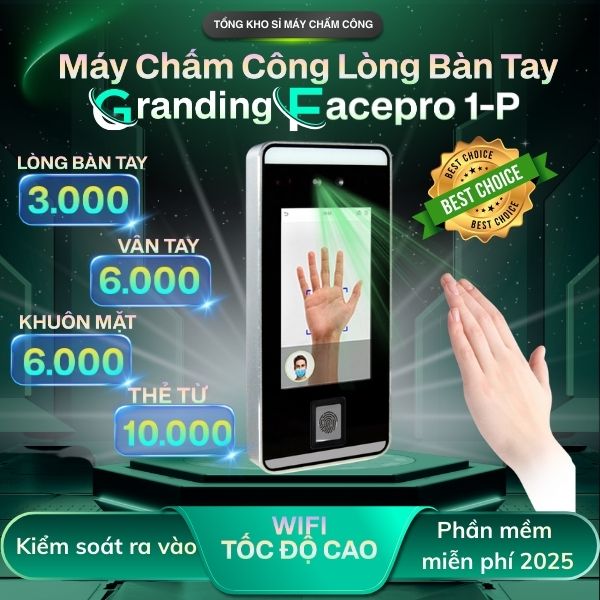 Máy chấm công bằng Lòng Bàn Tay GRANDING FAFCE PRO 1-P,Chấm công Face, vân tay, thẻ từ/ Kết nối wifi  / kết cổng mạng / Kiểm soát ra vào /tặng kèm phần mềm chấm công MITAPRO 2025