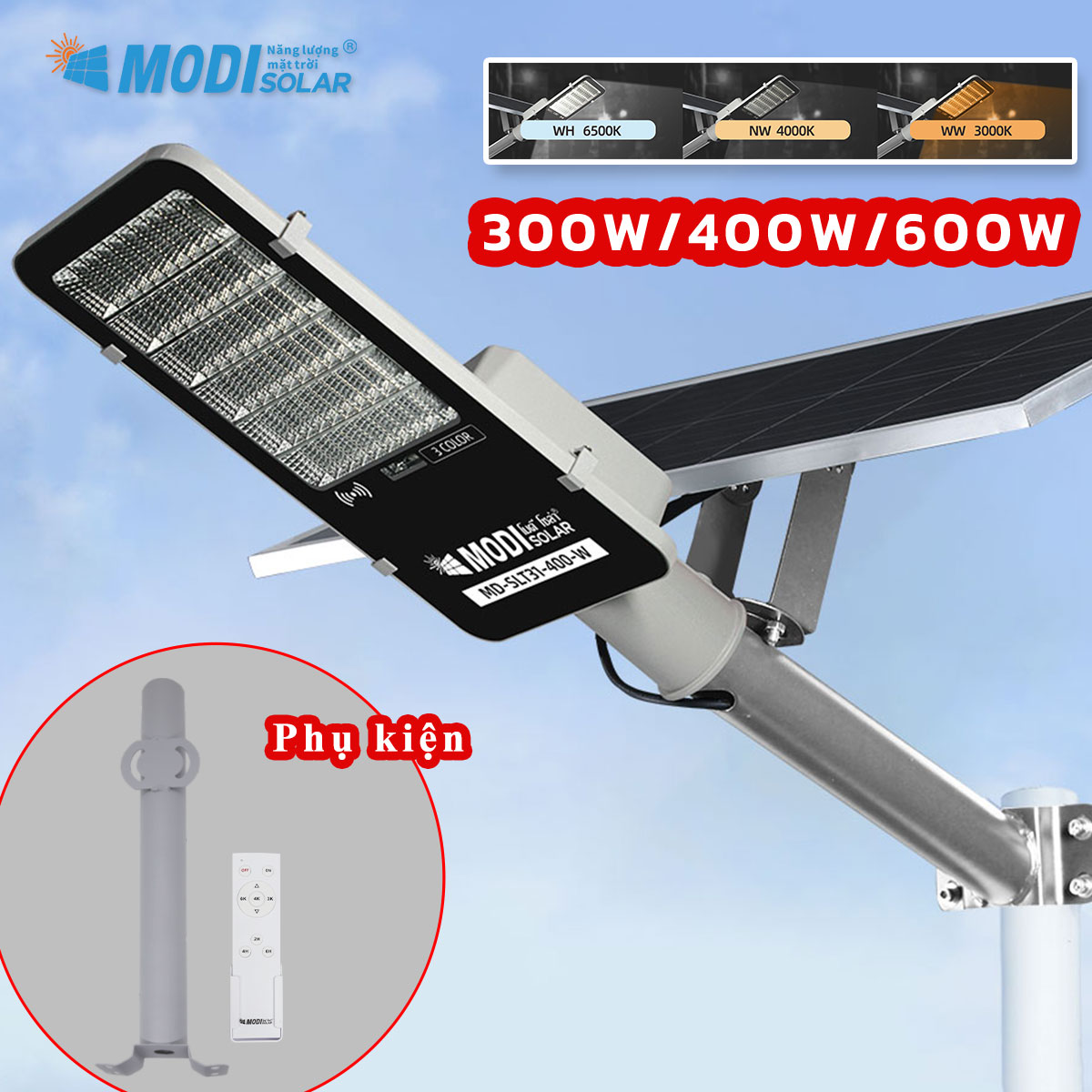 Đèn đường năng lượng mặt trời MODI 300W 400W 600W Điều khiển từ xa thông