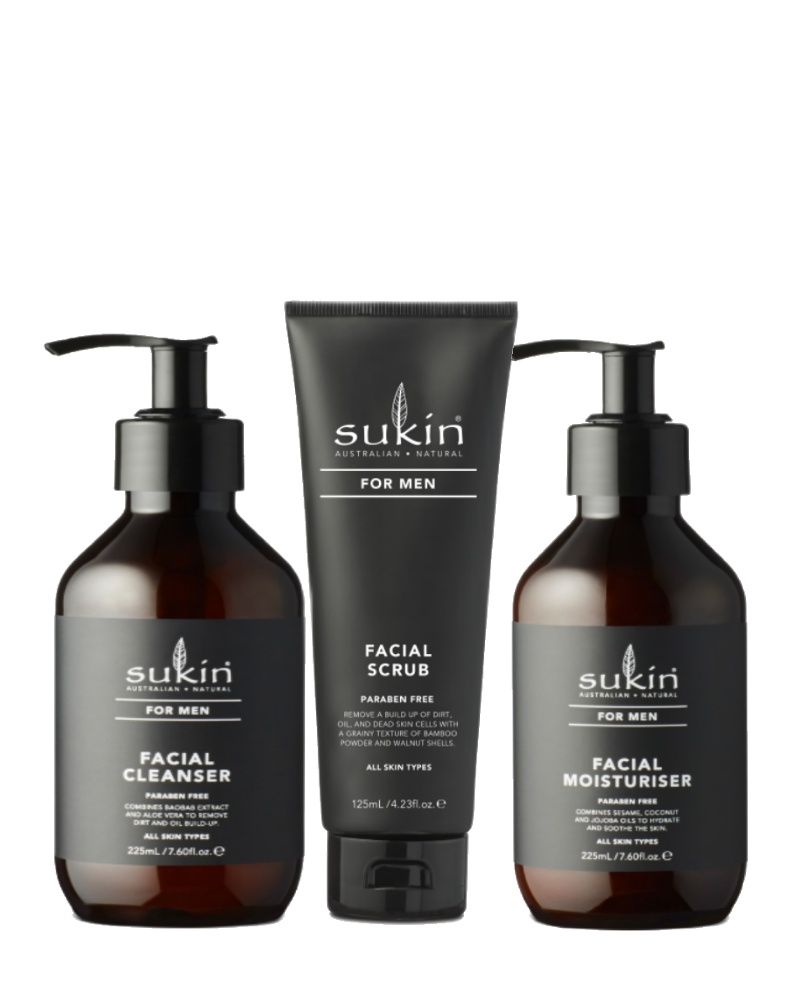 Bộ Chăm Sóc Da Mặt Dành Cho Nam Sukin For Men Facial (Men Cleanser 225ml + Men Scrub 225ml + Men Moisturiser 225ml)