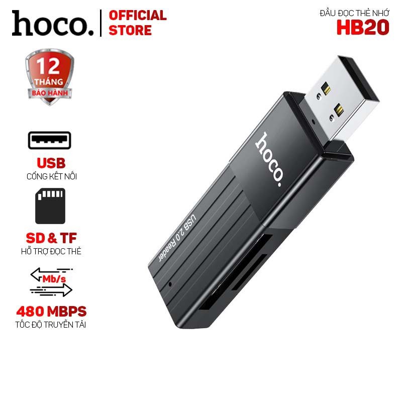 Đầu đọc thẻ nhớ 2 trong 1 Hoco HB20, hỗ trợ đọc thẻ SD và TF, tương thích với nhiều thiết bị
