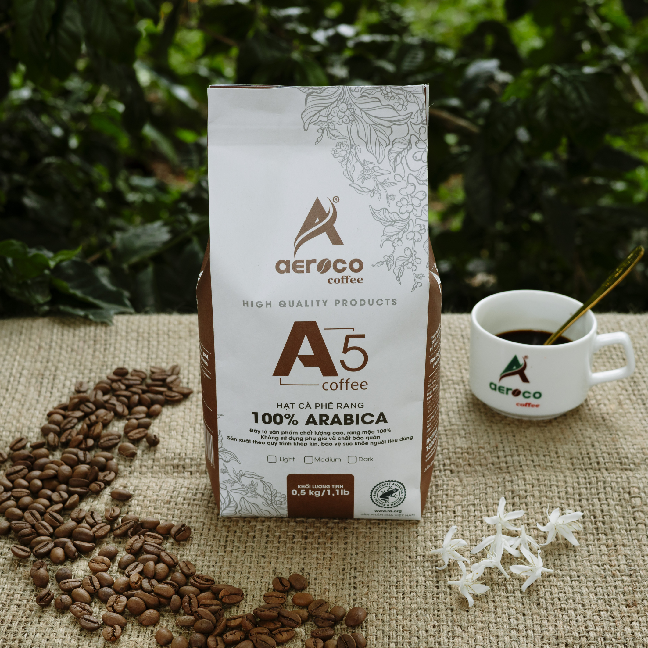 Túi 500g cà phê aeroco hạt rang a5, 100% arabica, nguyên chất, rang mộc, hậu vị ngọt thơm, pha máy và phin