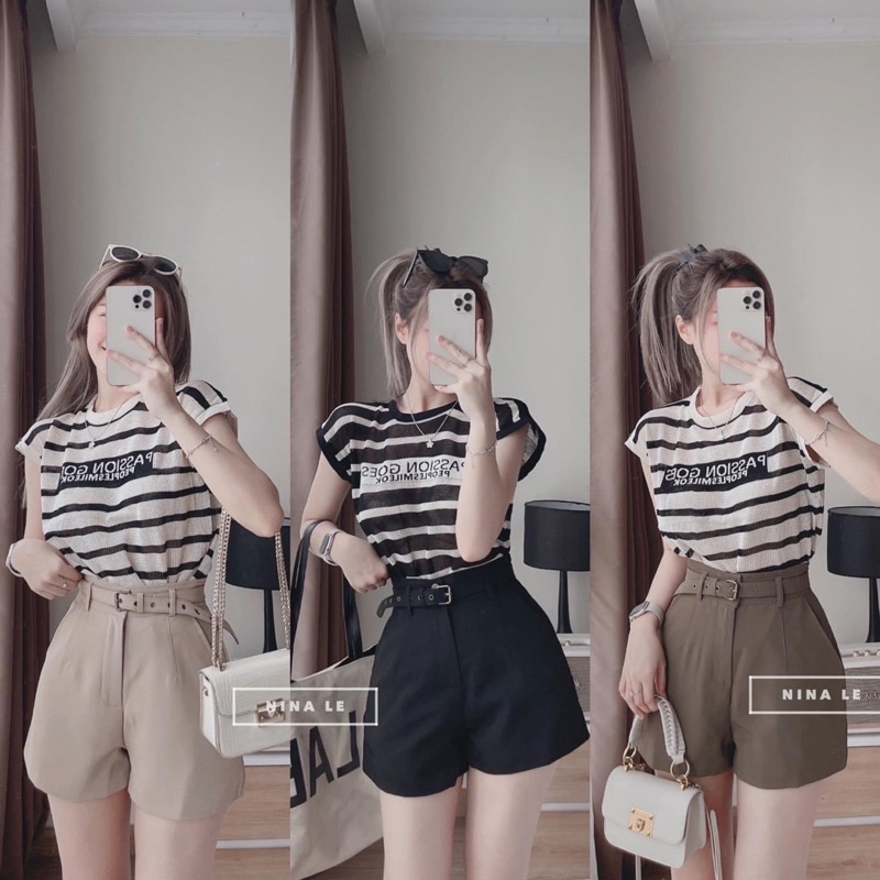 Áo CROPTOP Thun Gân Tay Phồng Sọc Ngang Cực Xinh P312 / Áo Thun Nữ Ngắn Tay In Logo Cực Đẹp