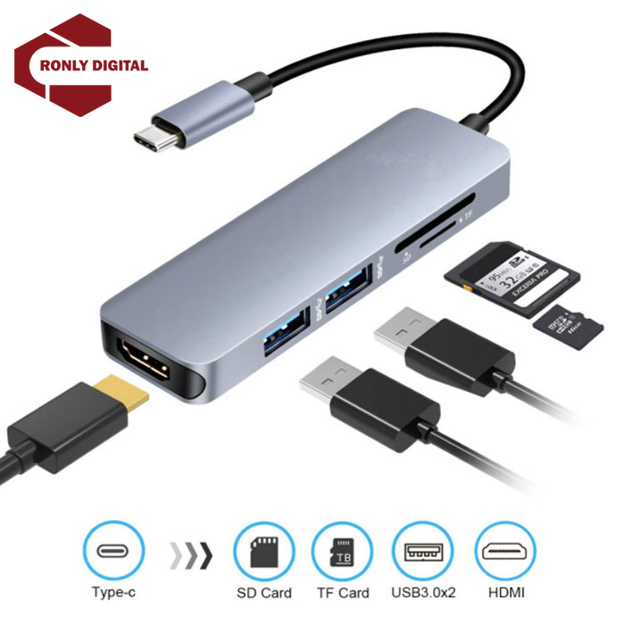 Hub type c to hdmi, sd card, tf card, 2 usb, cáp chuyển đổi type c 5 trong 1