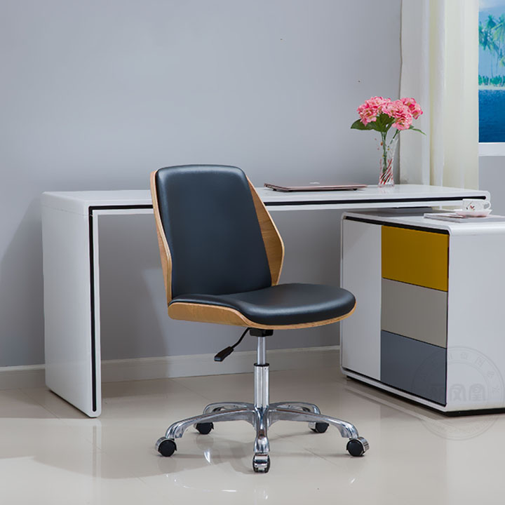 Ghế xoay văn phòng làm việc bọc da bò lưng thấp ốp gỗ cao cấp, Ghế văn phòng làm việc chống mỏi lưng BJ731 làm việc, chơi game thư giãn đọc sách