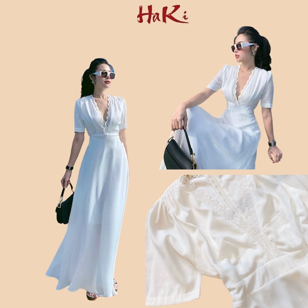 [HCM]Đầm váy nữ dự tiệc Trắng cổ V phối viềm ren phong cách thời trang HAKI MSP016 chất Lụa mịn sang trọngxinh đẹp.