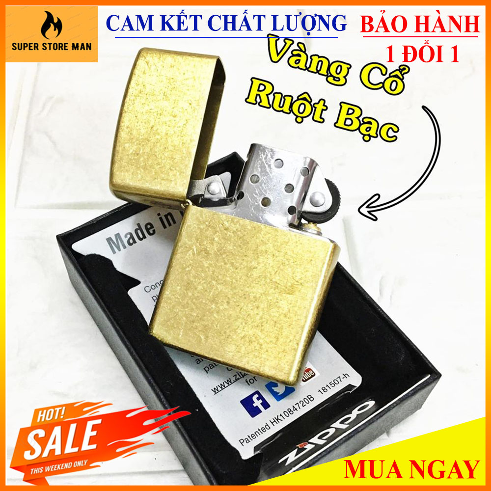 [HÀNG HIẾM] Bật Lửa, Hộp Quẹt Zippo Mỹ Vàng Cổ Cao Cấp – Made In Usa Có Tem Đỏ - Mẫu Vàng Cổ Ruột Bạc – Vỏ Khắc Mộc Đáy – Vỏ Ruột Trùng Khớp