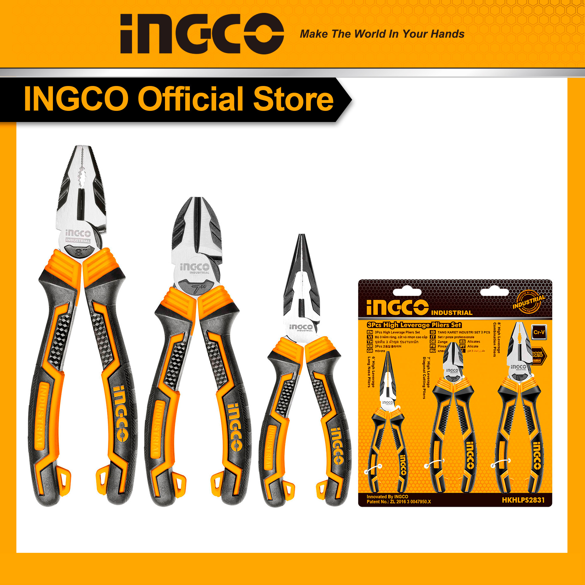 Bộ 3 chiếc kìm đòn bẩy INGCO với Kìm kết hợp, Kìm cắt chéo, Kìm mũi dài, có 3 kích cỡ khác nhau và tay cầm hai màu, chất liệu nhựa TPR, mã HKHLPS2831