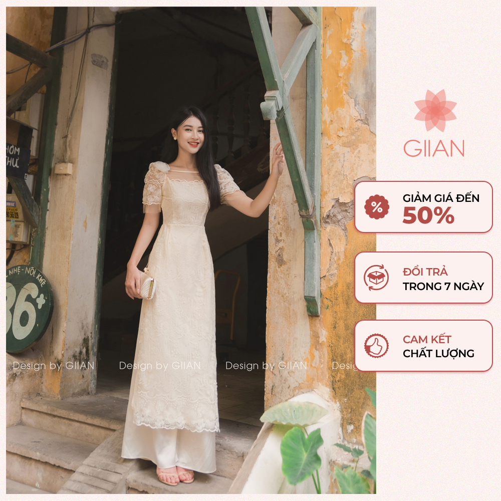 Áo dài cách tân nàng thơ ren hoa thiết kế cổ cách điệu - Design by Giian - AD0066