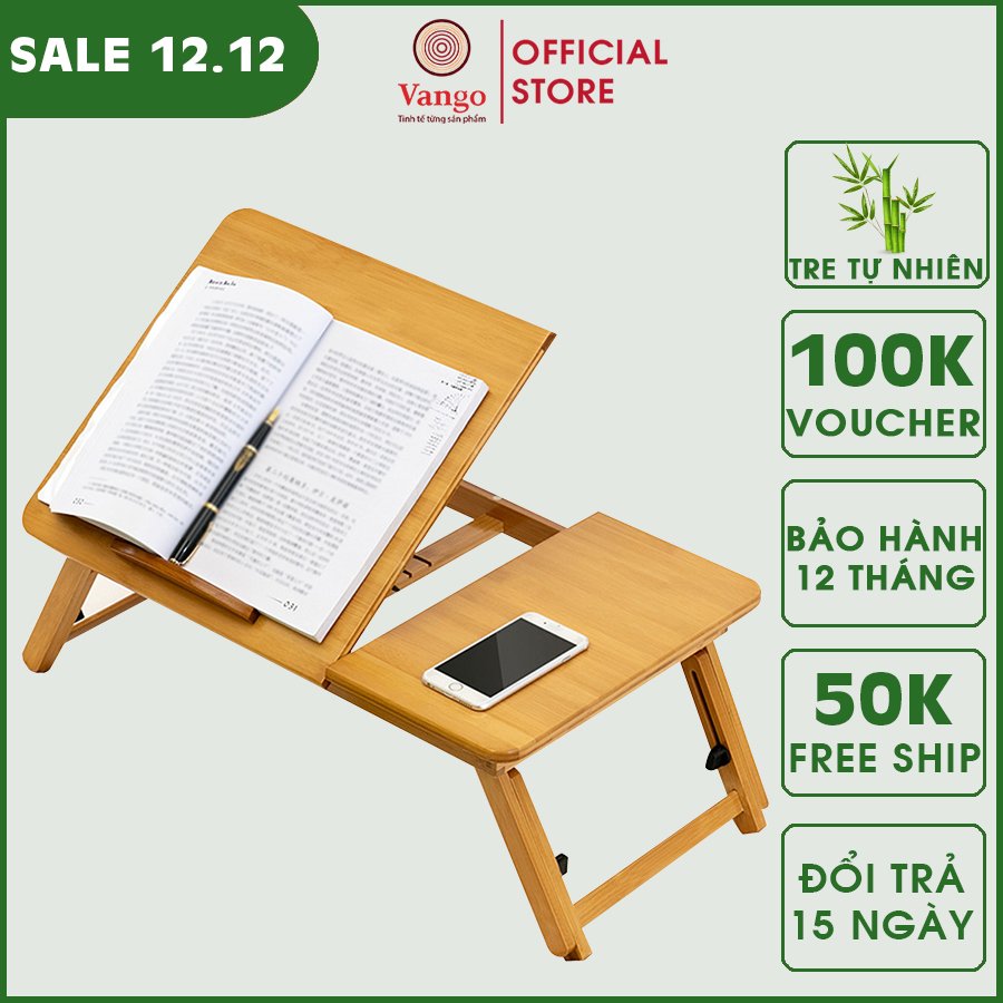 Bàn làm việc gấp gọn bằng gỗ tre thông minh vango - bàn học cao cấp có kệ để laptop & sách, bàn nằm giường có thể điều chỉnh độ cao tiện lợi