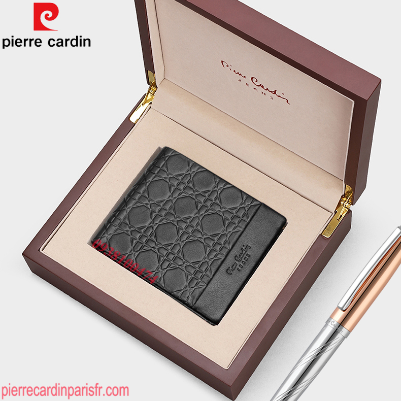 Ví Pierre Cardin nam chính hãng HỘP GỖ da bò thật ví ngang PCJ2068G