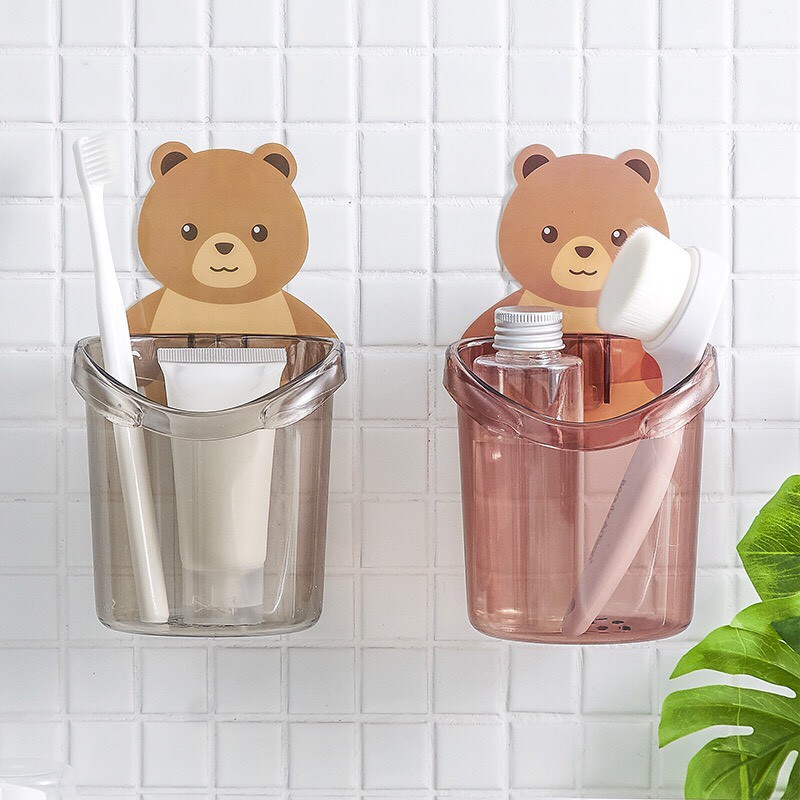 Cốc Đựng Bàn Chải, Kem Đánh Răng Hình Gấu Cute Dính Tường có lỗ thoát nước tiện lợi