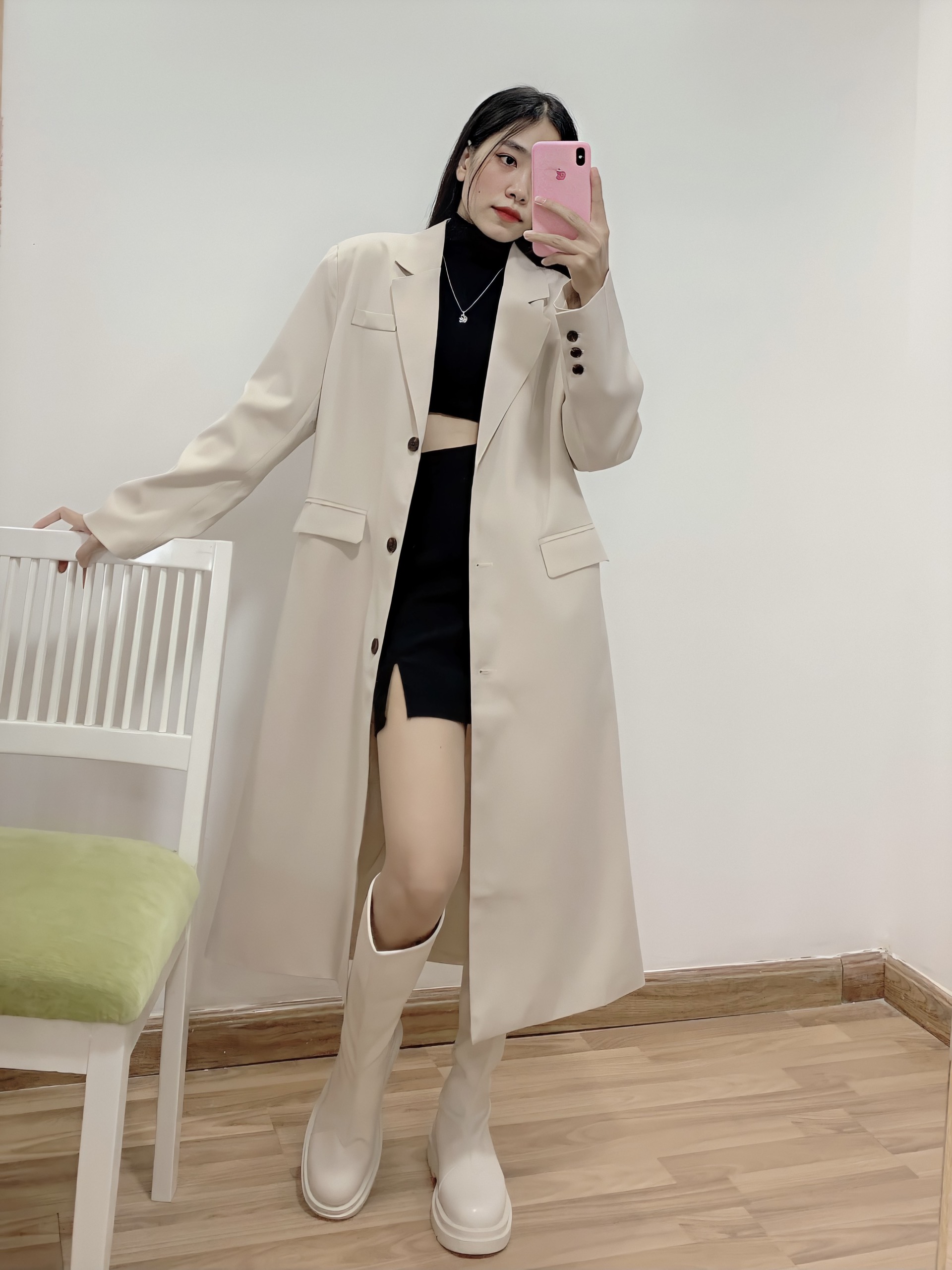 Áo khoác dáng dài áo mangto màu Beige phong cách Hàn Quốc TD Design