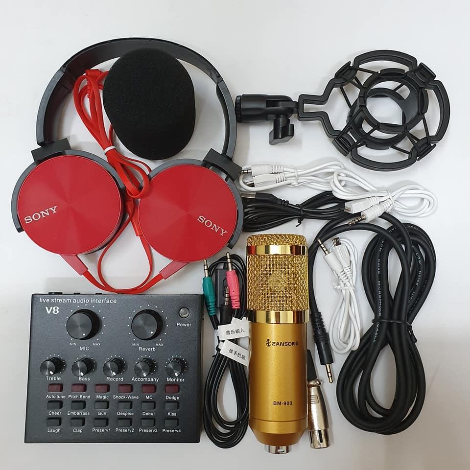 combo míc hát livestream thu âm karaoke online micro zangsong BM 900 card v8 và dây live 3 màu tặng tai nghe 450