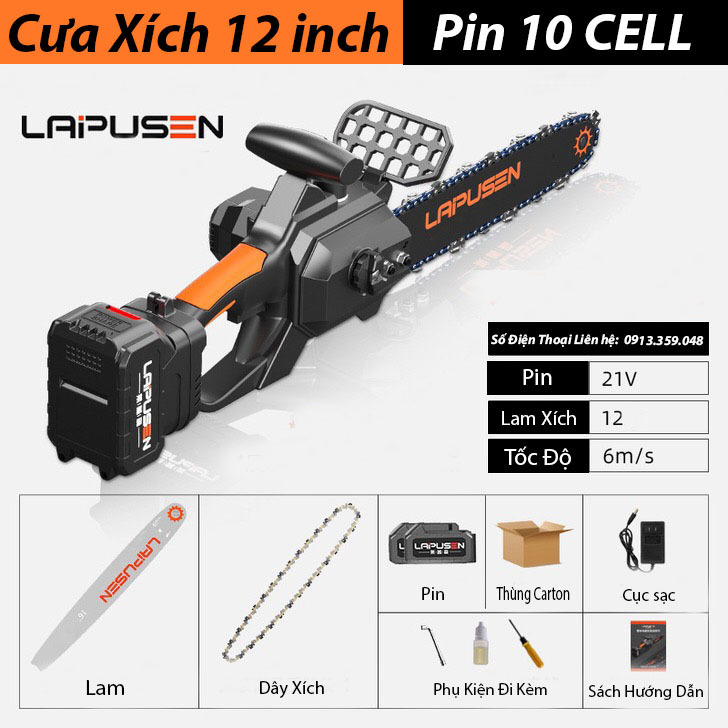 Cưa xích pin, Máy cưa xích cầm tay 12in Lapusen cưa máy cầm tay C34