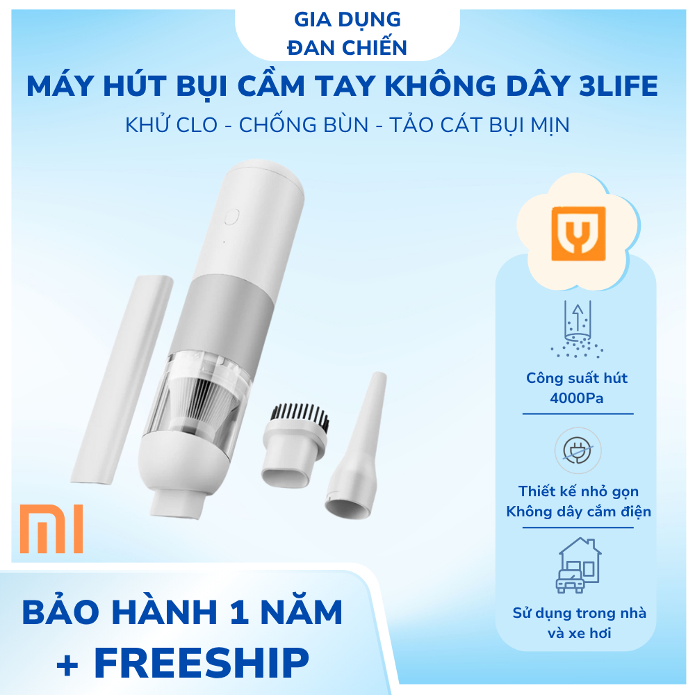 Máy hút bụi cầm tay không dây 3Life Xiaomi Youpin Sạc Type-C hút cao 4000Pa cho gia đình và ô tô