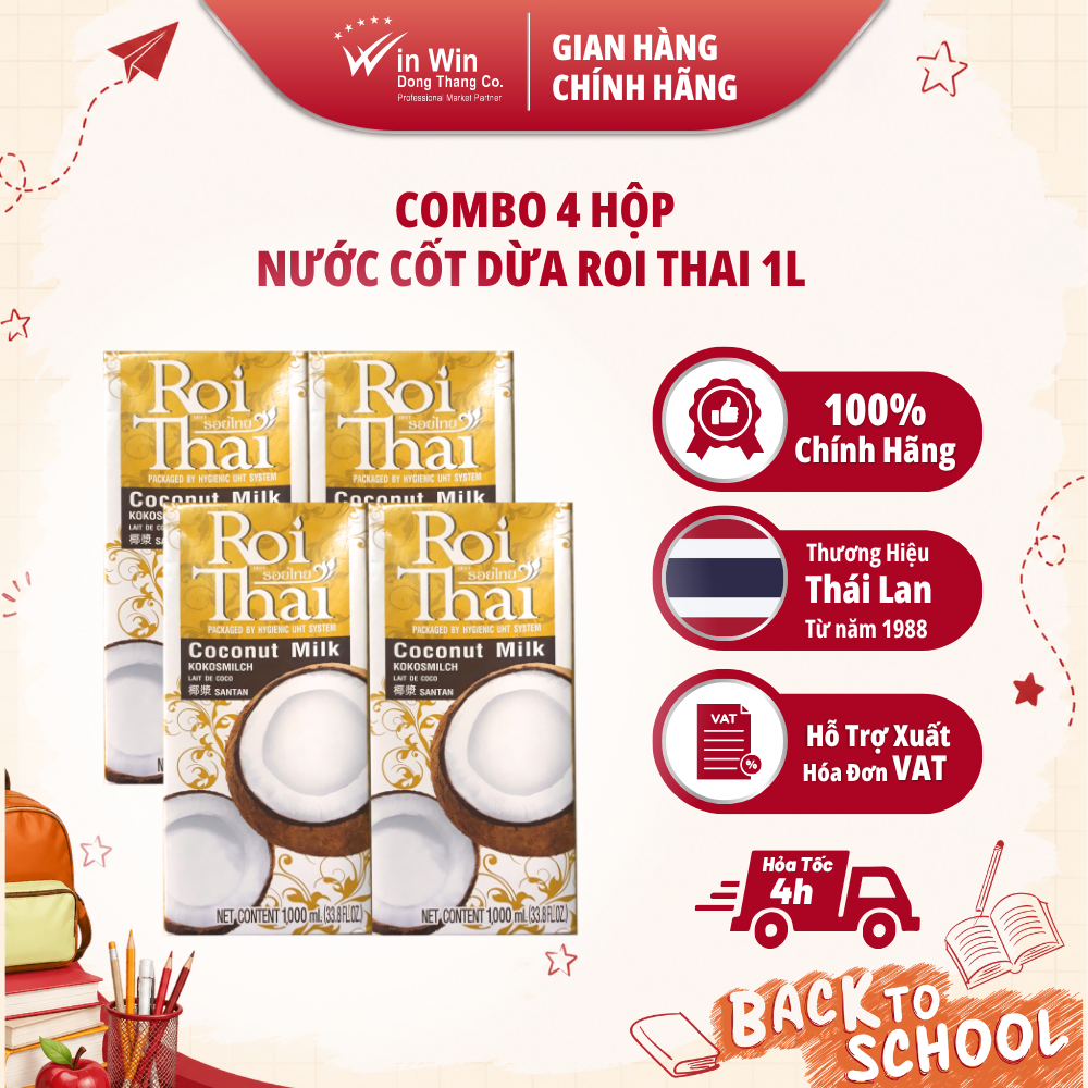 Combo 4 Hộp Nước Cốt Dừa Roi Thai 1L - Nhập Khẩu Thái Lan