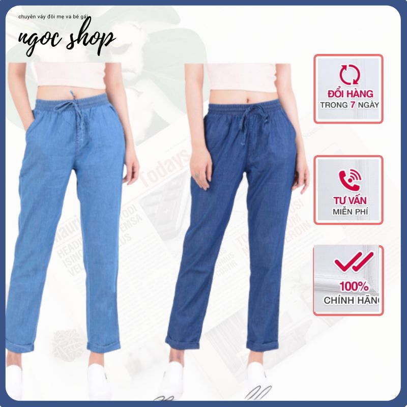 Quần jean baggy nữ lưng thun đi học đi làm - quần jean baggy lưng cao xanh đậm, xanh nhạt