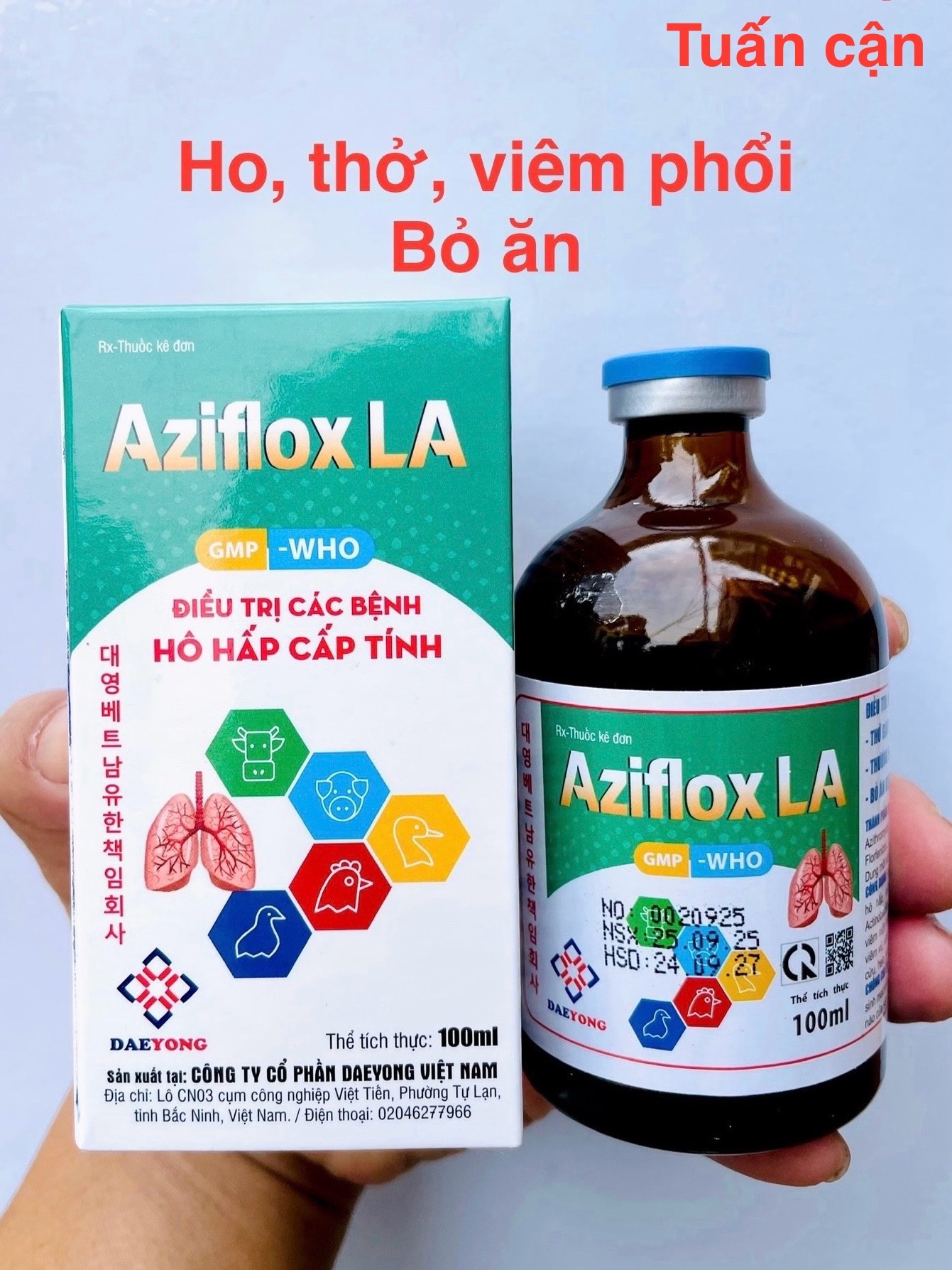 Daeyong Aziflox LA (100ml) Ho, thở, phổi dính sườn, hen khẹc, khò khè, bỏ ăn không rõ nguyên nhân dùng trong Thú Y