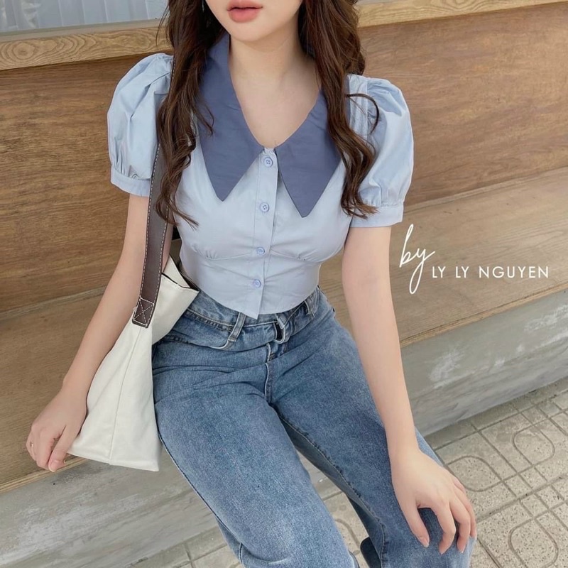 Áo sơmi croptop phối cổ
