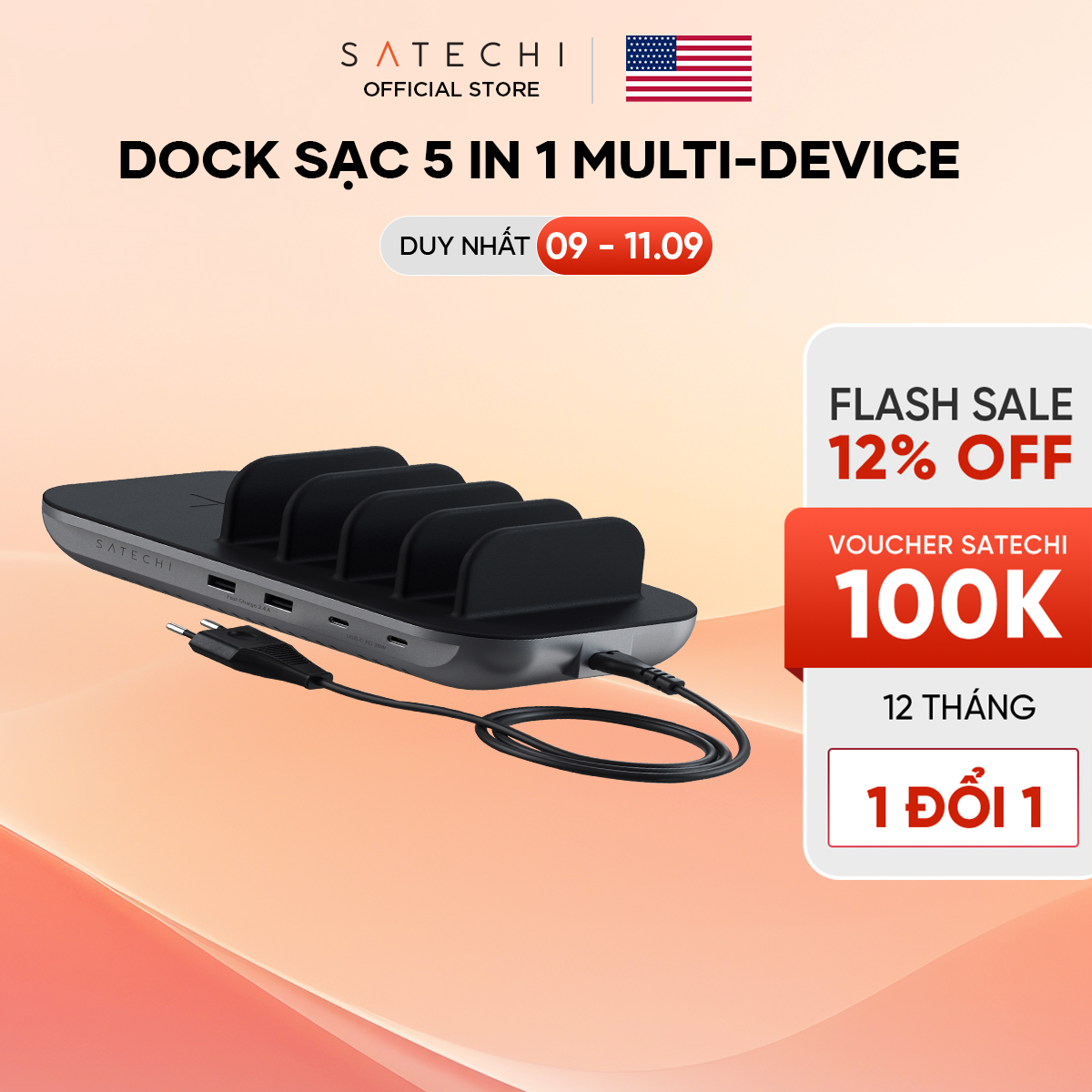 [THƯƠNG HIỆU MỸ] SATECHI Dock sạc 5in1 Satechi hỗ trợ sạc không dây chuẩn Qi 10W - BẢO HÀNH 1 NĂM