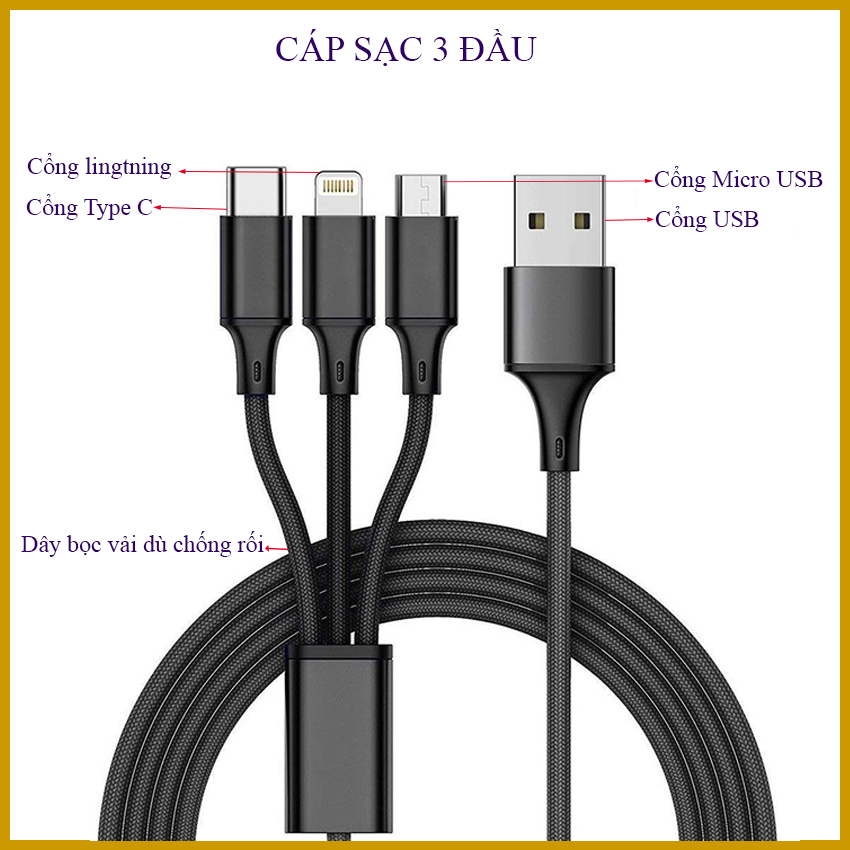 Sạc ba đầu, dầy đủ tích hợp, usb,