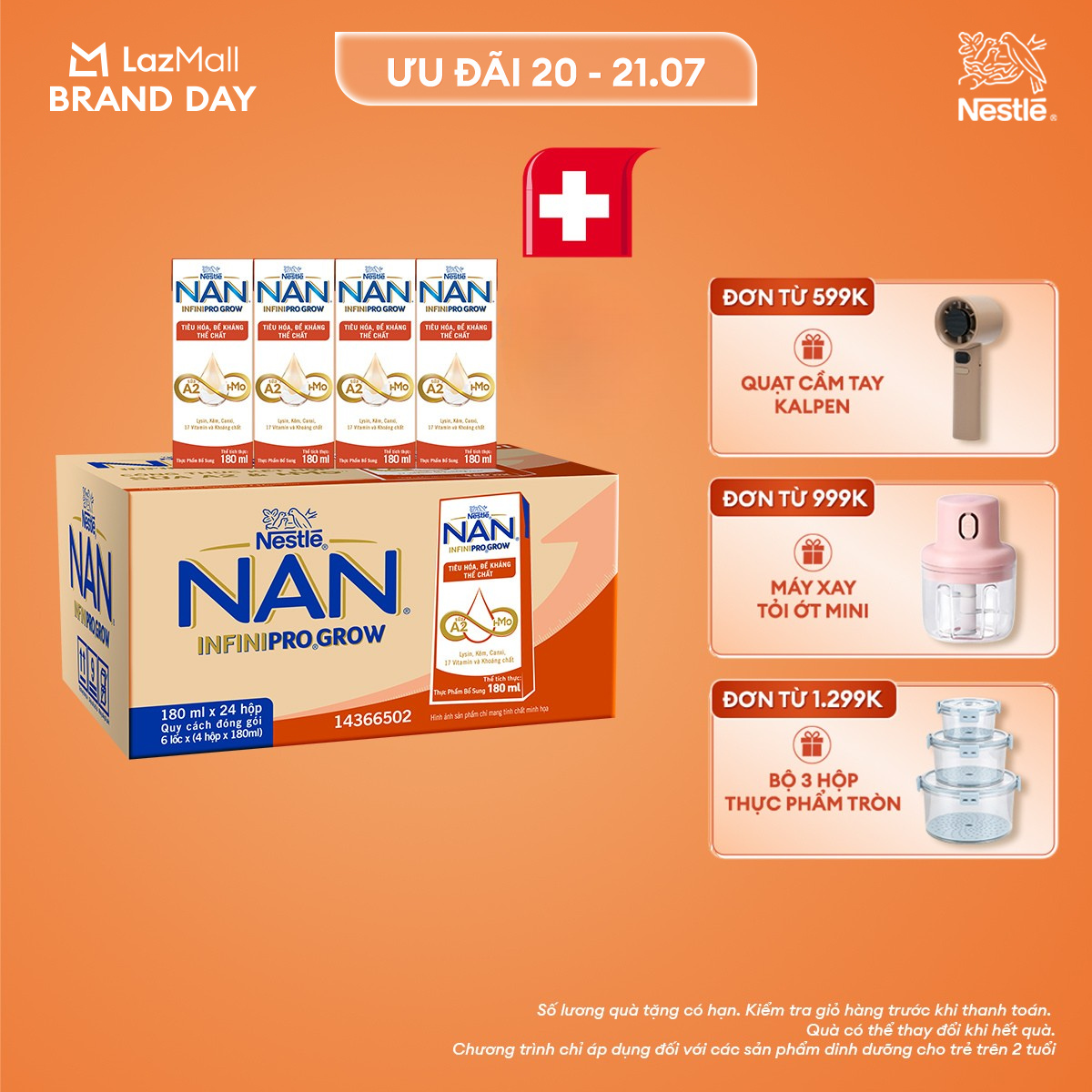 [CHỈ 20-21.07 QT ĐƠN 599K/999K/1299K]Thùng 24 hộp sữa pha sẵn Nestle NAN INFINIPRO GROW với công thức vượt trội kết hợp sữa A2 và HMO hỗ trợ tiêu hóa, đề kháng và phát triển thể chất (4x180ml)