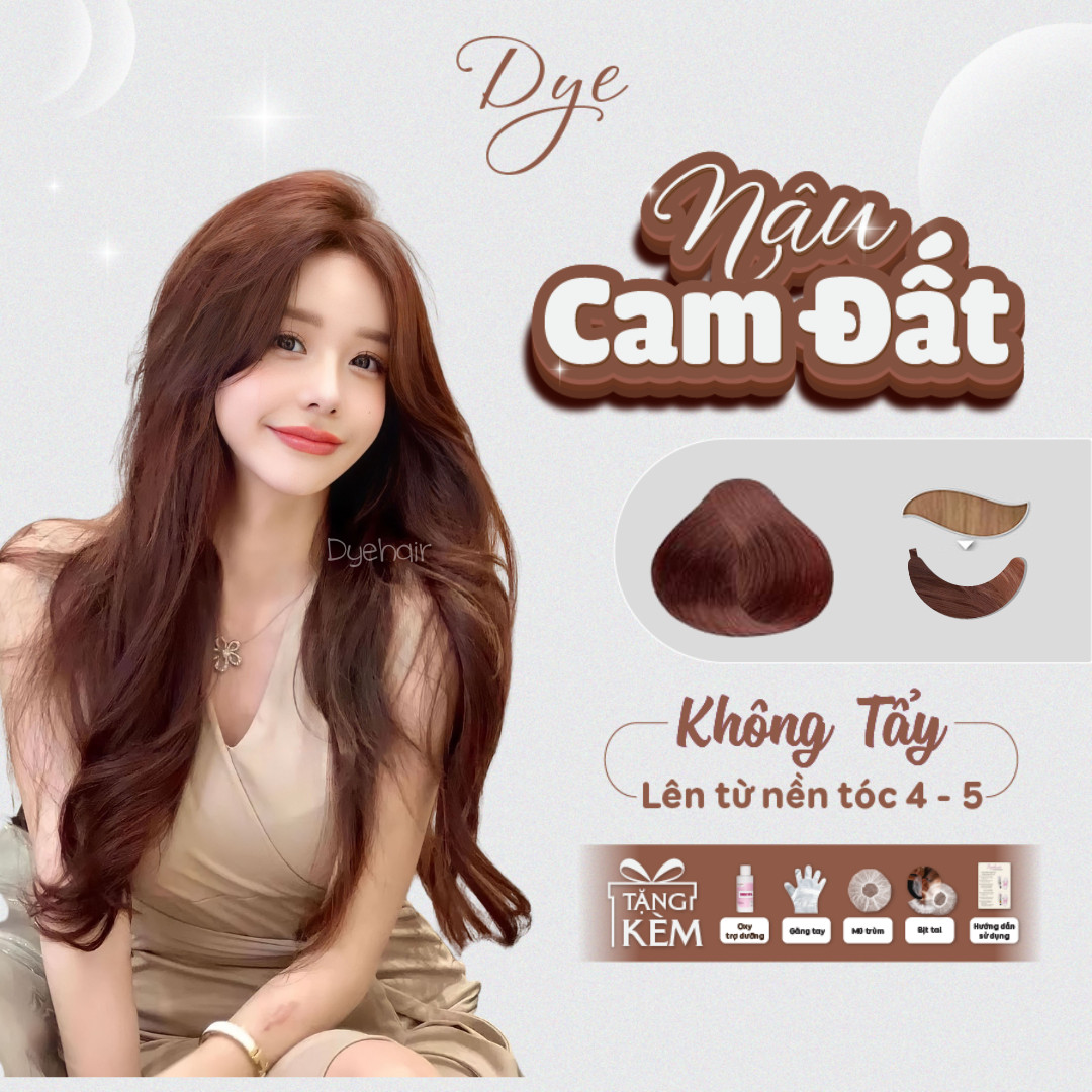 Thuốc nhuộm tóc, thuốc nhuộm tóc màu Nâu Cam Đất, DYE.HAIR, tặng kèm oxy trợ dưỡng và bao tay