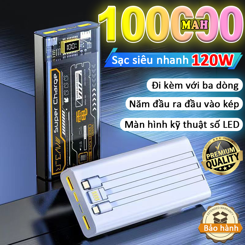 sạc dự phòng 100000mah sạc nhanh Tích hợp 3 dây trong suốt pin dự phòng mini thiết kế hiện đại có mà